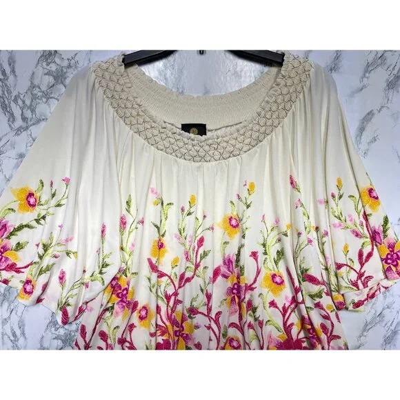 JM Collection XL Floral Boho Top Cream/Pink Short Bell Sleeves Smocked Neckline - Picture 6 of 13